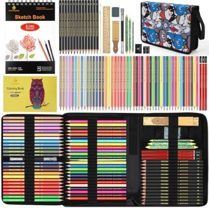 Daerthotk 100 Art Supplies Drawing Kit Pro Drawing Supplies Set has 3-Color Sketchbook Coloring book Graphite Colored Charcoal Watercolor Pencils Drawing Set Gifts Case for Artists Adults Family